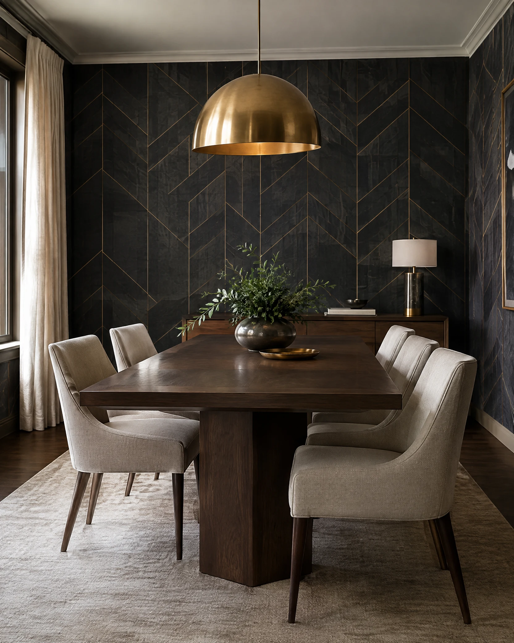 Charcoal geometric wallpaper in a dining room