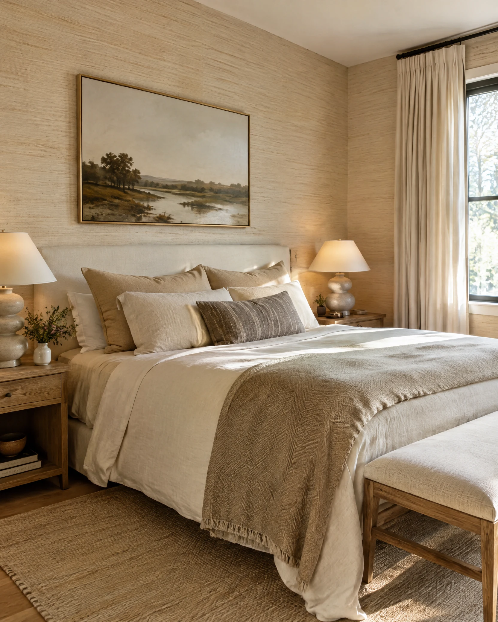 Textured neutral wallpaper in a serene bedroom