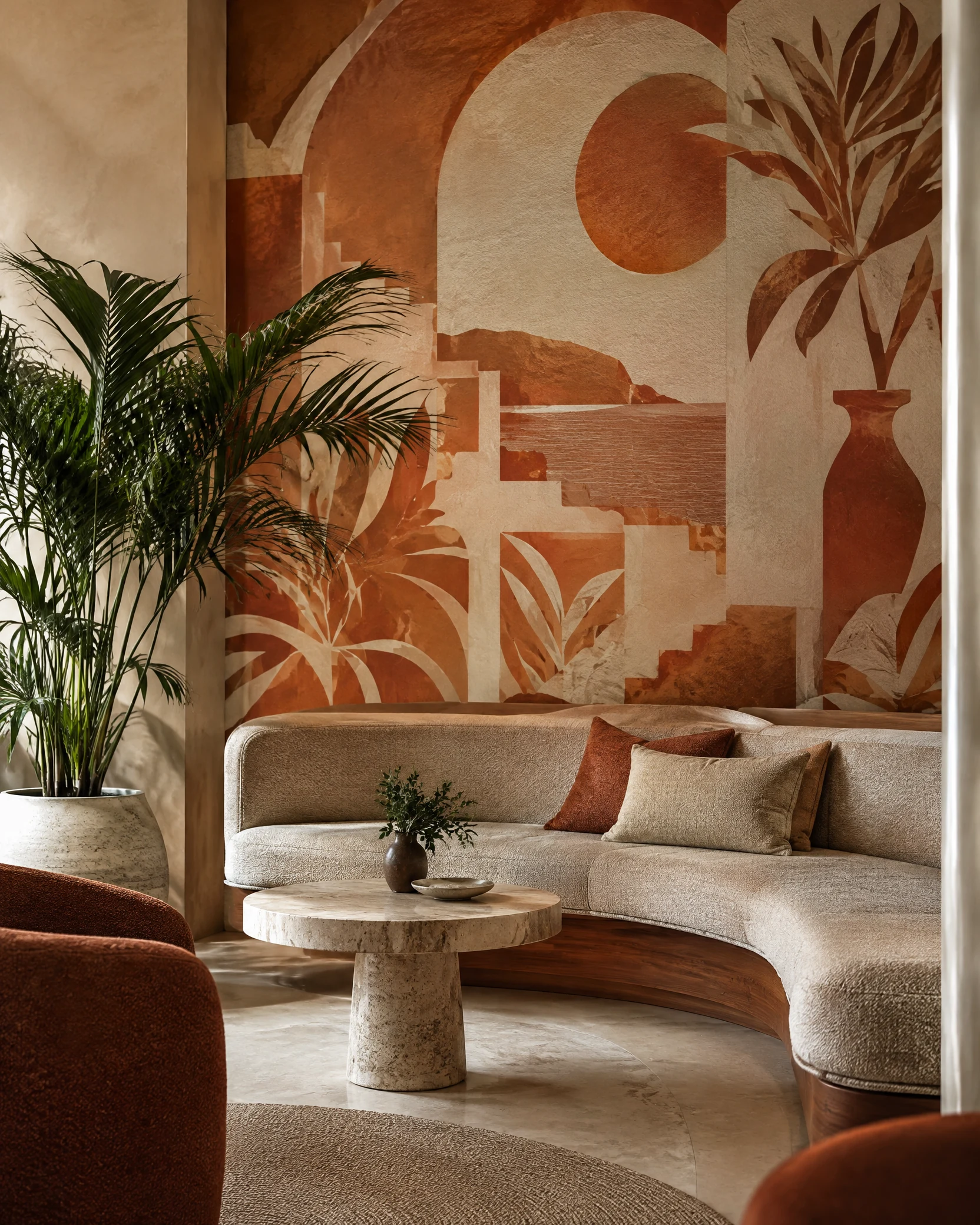 Terracotta mural wallpaper in a hospitality lounge