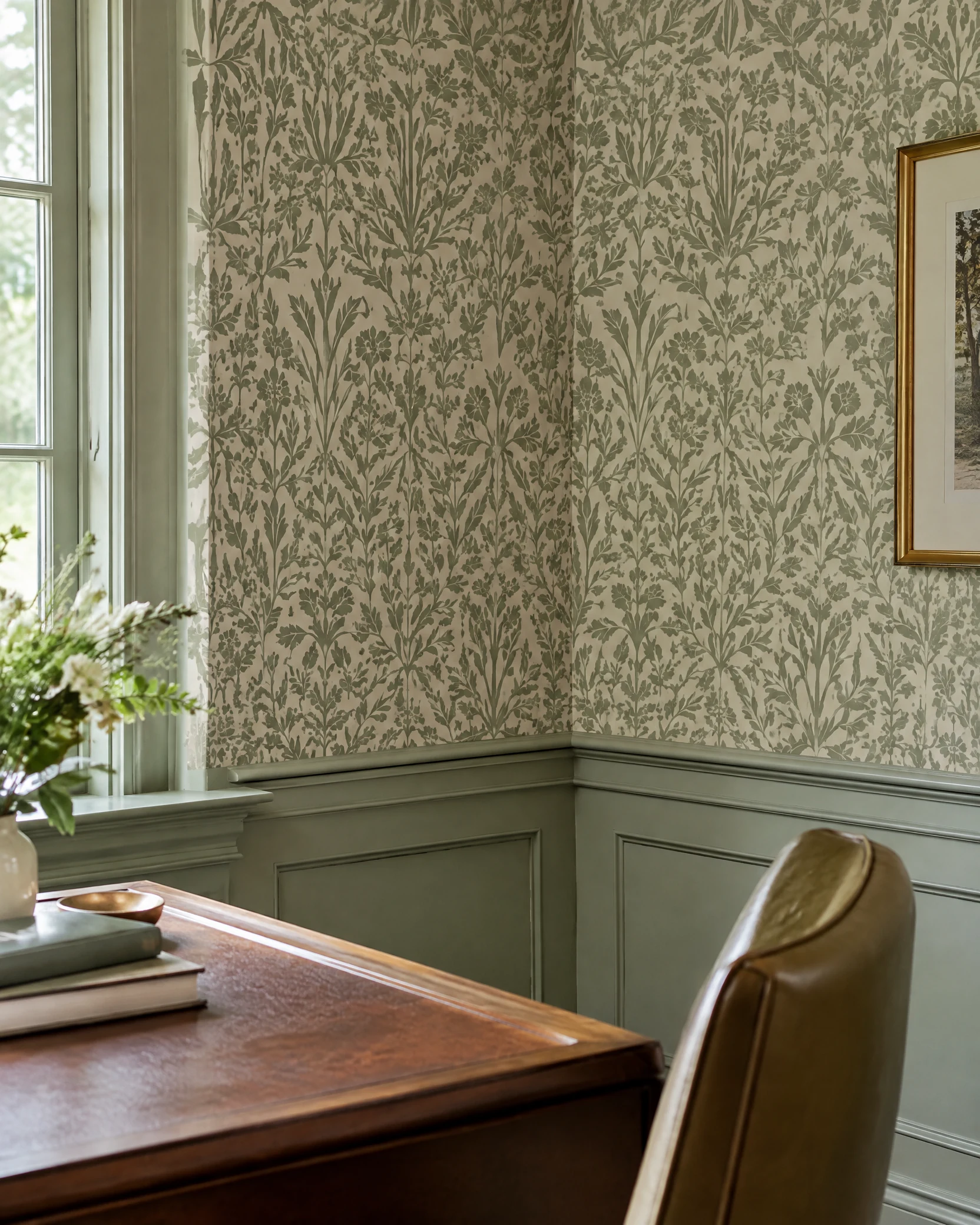 Sage botanical wallpaper in a home office